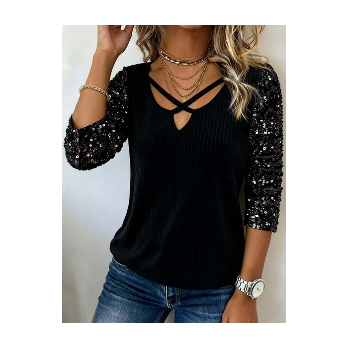 Women Plain Long Sleeve Tee T-shirt V Neck Split Joint Vintage Spring/Fall Top