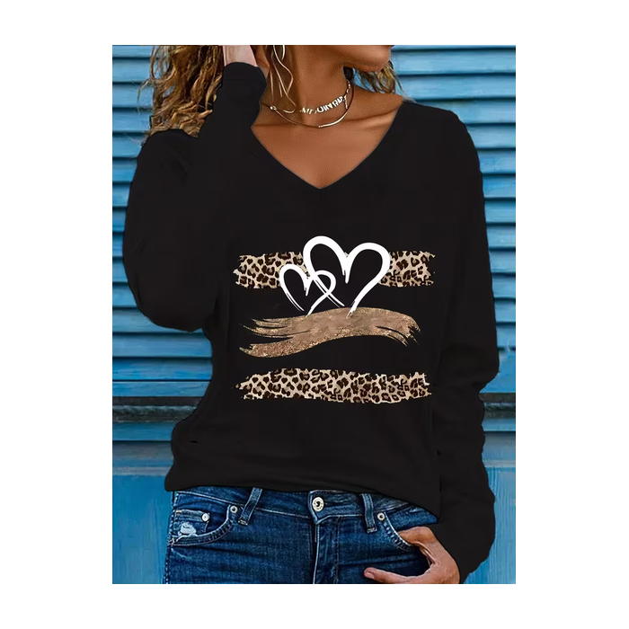Women Leopard Long Sleeve Tee T-shirt V Neck Printing Casual Spring/Fall Graphic Tee Top