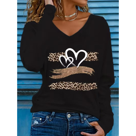 Women Leopard Long Sleeve Tee T-shirt V Neck Printing Casual Spring/Fall Graphic Tee Top