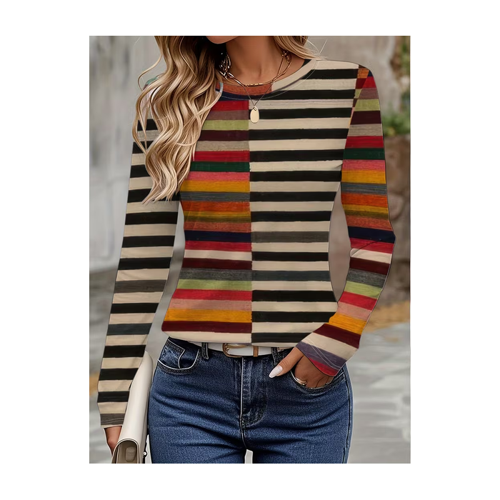 Women Striped Long Sleeve Tee T-shirt Crew Neck Printing Casual Spring/Fall Graphic Tee Top