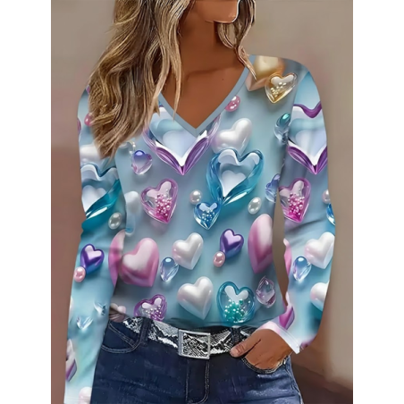 Women Heart/Cordate Long Sleeve Tee T-shirt V Neck Printing Casual Spring/Fall Graphic Tee Top