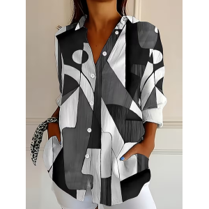Women Abstract Long Sleeve Shirt Spring/Fall Buckle Shirt Collar Regular Sleeve Daily Casual Top