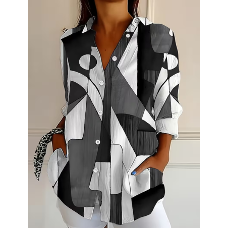 Women Abstract Long Sleeve Shirt Spring/Fall Buckle Shirt Collar Regular Sleeve Daily Casual Top