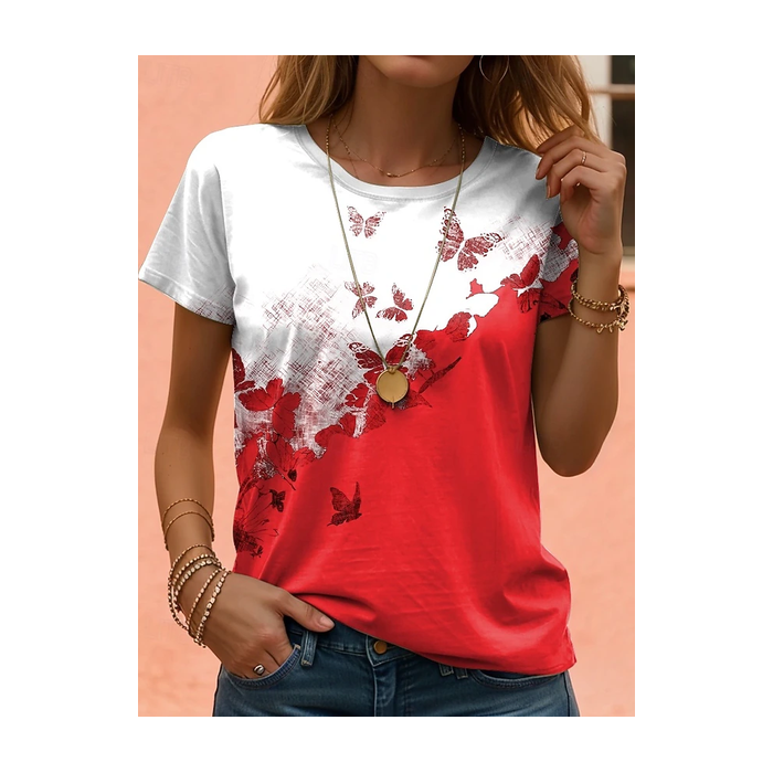 Women Butterfly Short Sleeve Tee T-shirt Crew Neck Printing Casual Summer Graphic Tee Top