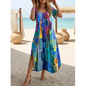 Women Abstract Short Sleeve Crew Neck Printing Dress Daily Casual Maxi T-Shirt Dress H-Line Summer Dress