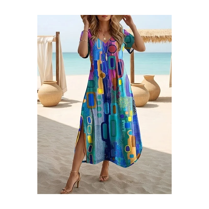 Women Abstract Short Sleeve Crew Neck Printing Dress Daily Casual Maxi T-Shirt Dress H-Line Summer Dress