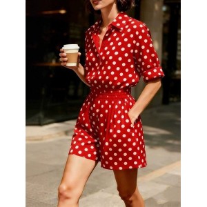 Women Polka Dots Printing Two-Piece Set Daily Half Sleeve Casual Summer Top With Pants Matching Set