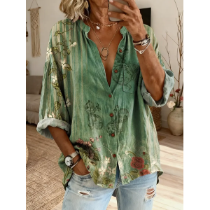 Women Floral Stand Collar Long Sleeve Shirt Casual Daily Spring/Fall Top