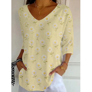 Women Floral Three Quarter Sleeve Tee T-shirt V Neck Printing Casual Graphic Tee Spring/Fall Top