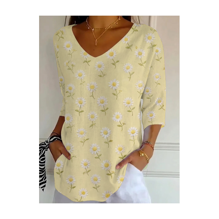 Women Floral Three Quarter Sleeve Tee T-shirt V Neck Printing Casual Graphic Tee Spring/Fall Top