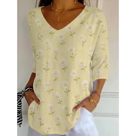 Women Floral Three Quarter Sleeve Tee T-shirt V Neck Printing Casual Graphic Tee Spring/Fall Top