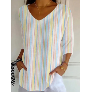 Women Striped Three Quarter Sleeve Tee T-shirt V Neck Printing Casual Graphic Tee Spring/Fall Top