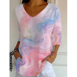 Women Abstract Three Quarter Sleeve Tee T-shirt V Neck Printing Casual Graphic Tee Spring/Fall Top