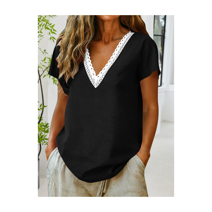 Women Plain Short Sleeve Tee T-shirt V Neck Split Joint Casual Summer Top
