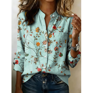 Women Floral Stand Collar Long Sleeve Shirt Casual Daily Spring/Fall Top