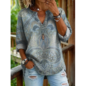 Women Ethnic V Neck Long Sleeve Blouse Printing Casual Daily Spring/Fall Top