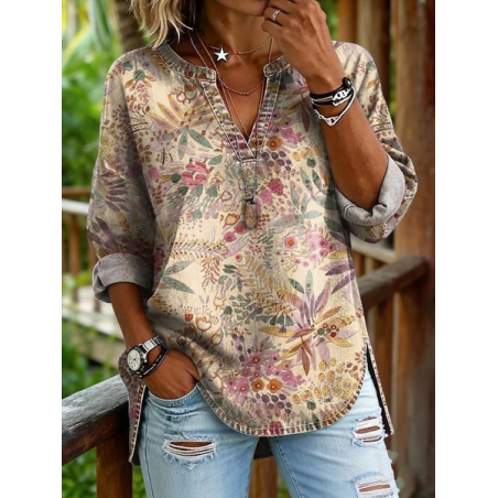 Women Floral V Neck Long Sleeve Blouse Printing Casual Daily Spring/Fall Top