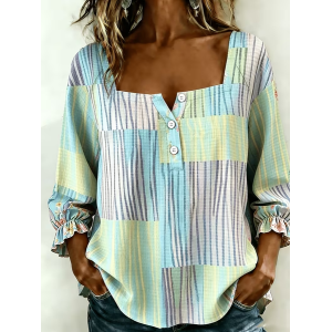 Women Striped Square Neck Three Quarter Sleeve Blouse Printing Vintage Daily Spring/Fall Top