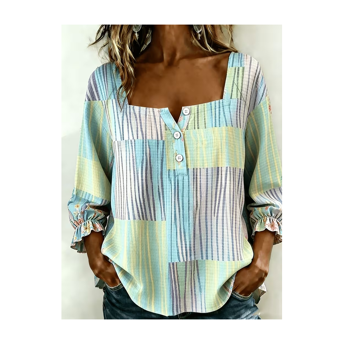 Women Striped Square Neck Three Quarter Sleeve Blouse Printing Vintage Daily Spring/Fall Top