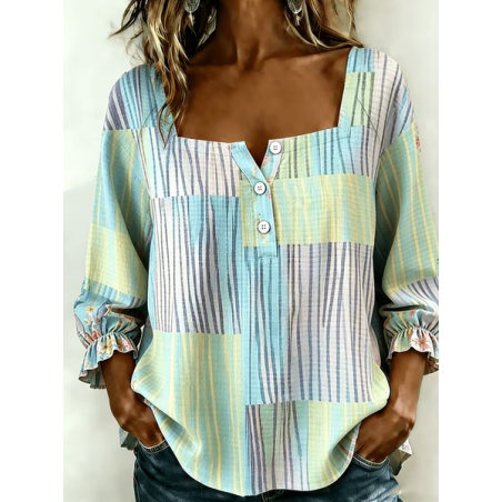 Women Striped Square Neck Three Quarter Sleeve Blouse Printing Vintage Daily Spring/Fall Top