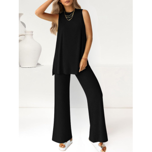 Women Plain Split Joint Two-Piece Set Daily Half Sleeve Casual Summer Top With Pants Matching Set