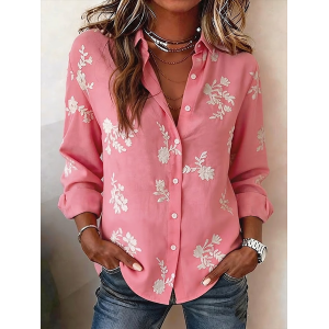 Women Floral Shirt Collar Long Sleeve Shirt Buckle Regular Sleeve Casual Daily Spring/Fall Top