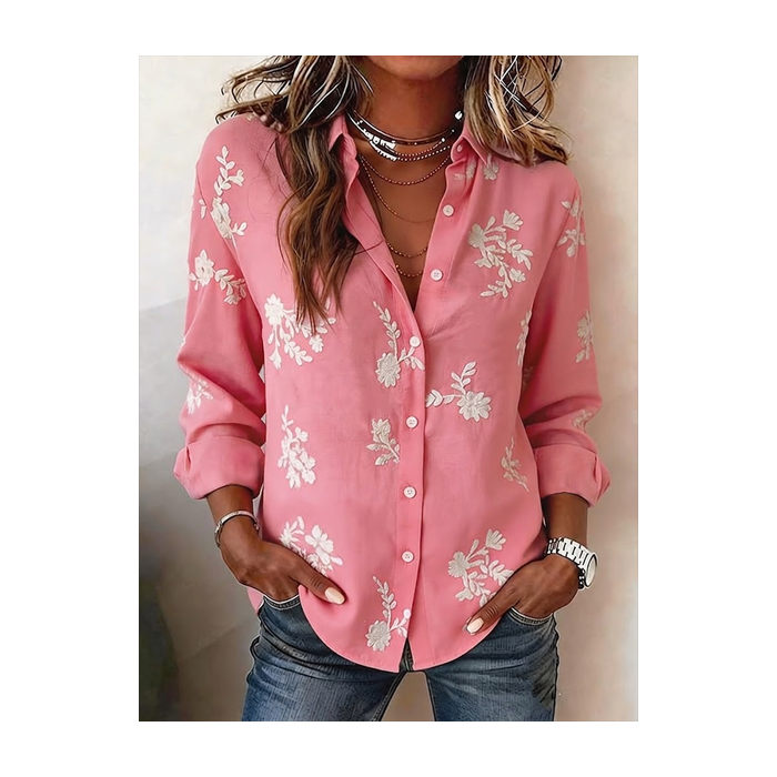 Women Floral Shirt Collar Long Sleeve Shirt Buckle Regular Sleeve Casual Daily Spring/Fall Top