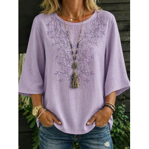 Women Floral Crew Neck Half Sleeve Blouse Printing Vintage Daily Summer Top