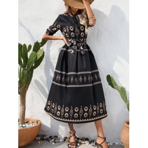 Women Geometric Short Sleeve Crew Neck Printing Dress Daily Vintage Maxi Shirt Dress A-Line Summer Dress