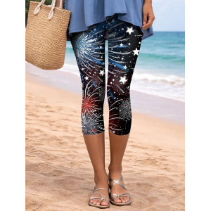 Women Star Elastic Waist Casual Summer Capris Leggings Trousers