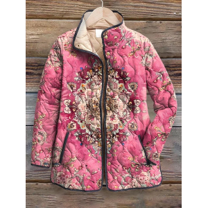Women's Vintage Printing Winter Floral Stand Collar Padded Parka