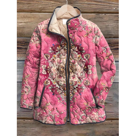 Women's Vintage Printing Winter Floral Stand Collar Padded Parka