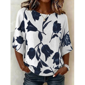 Women Floral Crew Neck Half Sleeve Blouse Printing Vintage Daily Summer Top