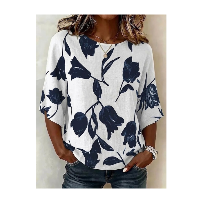 Women Floral Crew Neck Half Sleeve Blouse Printing Vintage Daily Summer Top