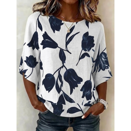 Women Floral Crew Neck Half Sleeve Blouse Printing Vintage Daily Summer Top
