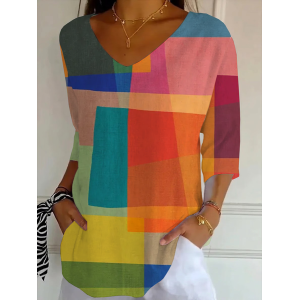 Women Abstract Three Quarter Sleeve Tee T-shirt V Neck Printing Casual Graphic Tee Spring/Fall Top