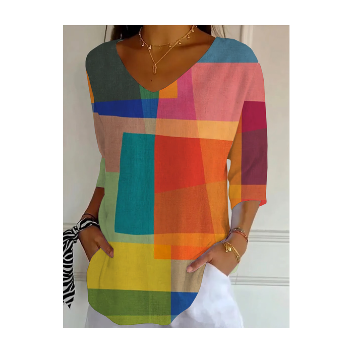 Women Abstract Three Quarter Sleeve Tee T-shirt V Neck Printing Casual Graphic Tee Spring/Fall Top