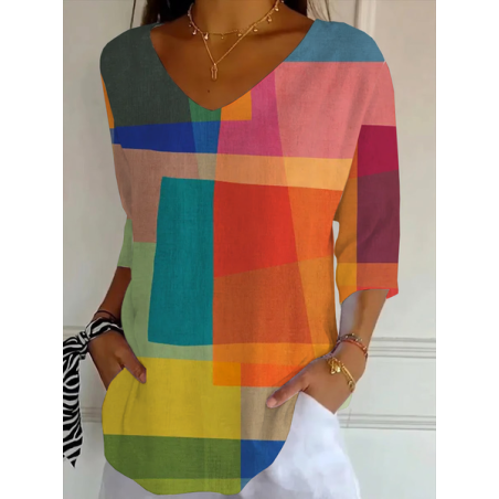 Women Abstract Three Quarter Sleeve Tee T-shirt V Neck Printing Casual Graphic Tee Spring/Fall Top