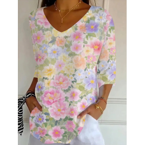Women Floral Three Quarter Sleeve Tee T-shirt V Neck Printing Casual Graphic Tee Spring/Fall Top