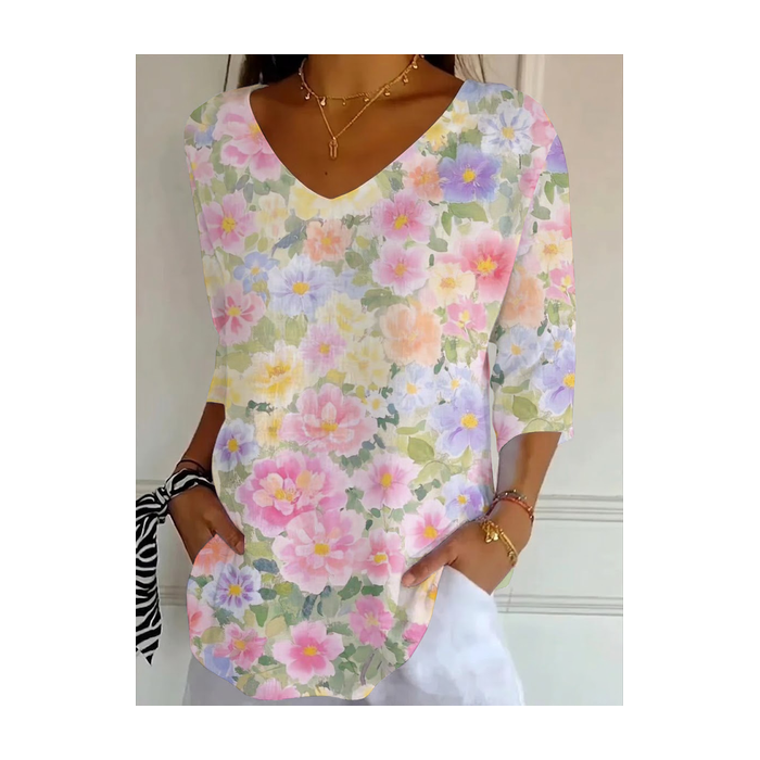 Women Floral Three Quarter Sleeve Tee T-shirt V Neck Printing Casual Graphic Tee Spring/Fall Top