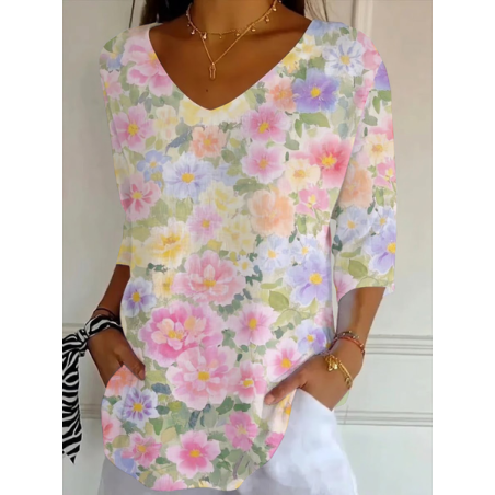 Women Floral Three Quarter Sleeve Tee T-shirt V Neck Printing Casual Graphic Tee Spring/Fall Top