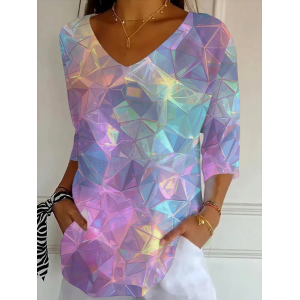Women Abstract Three Quarter Sleeve Tee T-shirt V Neck Printing Casual Graphic Tee Spring/Fall Top
