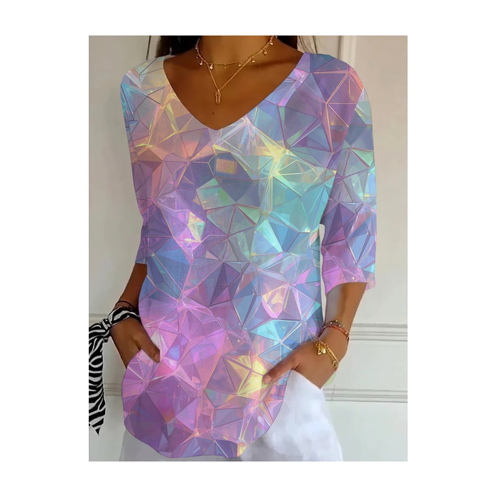 Women Abstract Three Quarter Sleeve Tee T-shirt V Neck Printing Casual Graphic Tee Spring/Fall Top