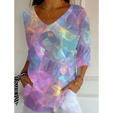 Women Abstract Three Quarter Sleeve Tee T-shirt V Neck Printing Casual Graphic Tee Spring/Fall Top