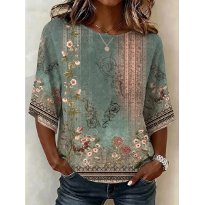 Women Floral Crew Neck Half Sleeve Blouse Printing Vintage Daily Summer Top