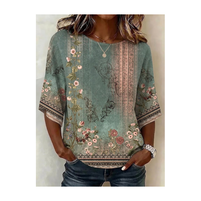 Women Floral Crew Neck Half Sleeve Blouse Printing Vintage Daily Summer Top