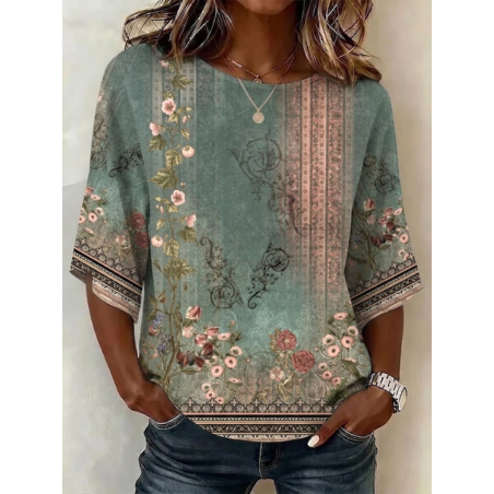 Women Floral Crew Neck Half Sleeve Blouse Printing Vintage Daily Summer Top