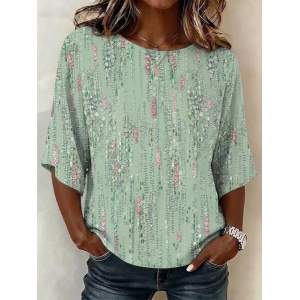 Women Abstract Crew Neck Half Sleeve Blouse Printing Vintage Daily Summer Top