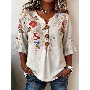Women Floral V Neck Half Sleeve Blouse Printing Vintage Daily Summer Top