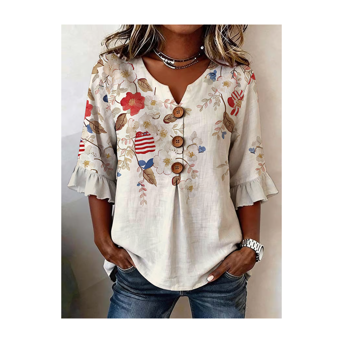 Women Floral V Neck Half Sleeve Blouse Printing Vintage Daily Summer Top